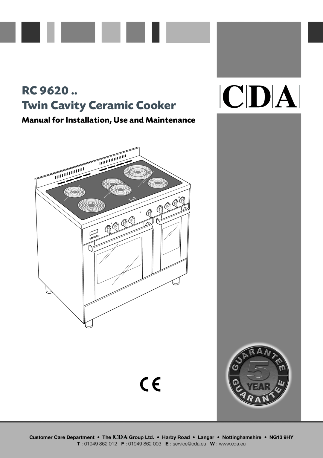 CDA RC 9620 manual RC Twin Cavity Ceramic Cooker, Manual for Installation, Use and Maintenance, T 01949 862 