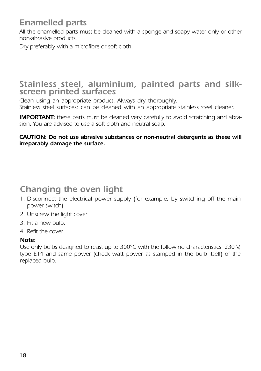 CDA RC9301 manual Enamelled parts, Changing the oven light 