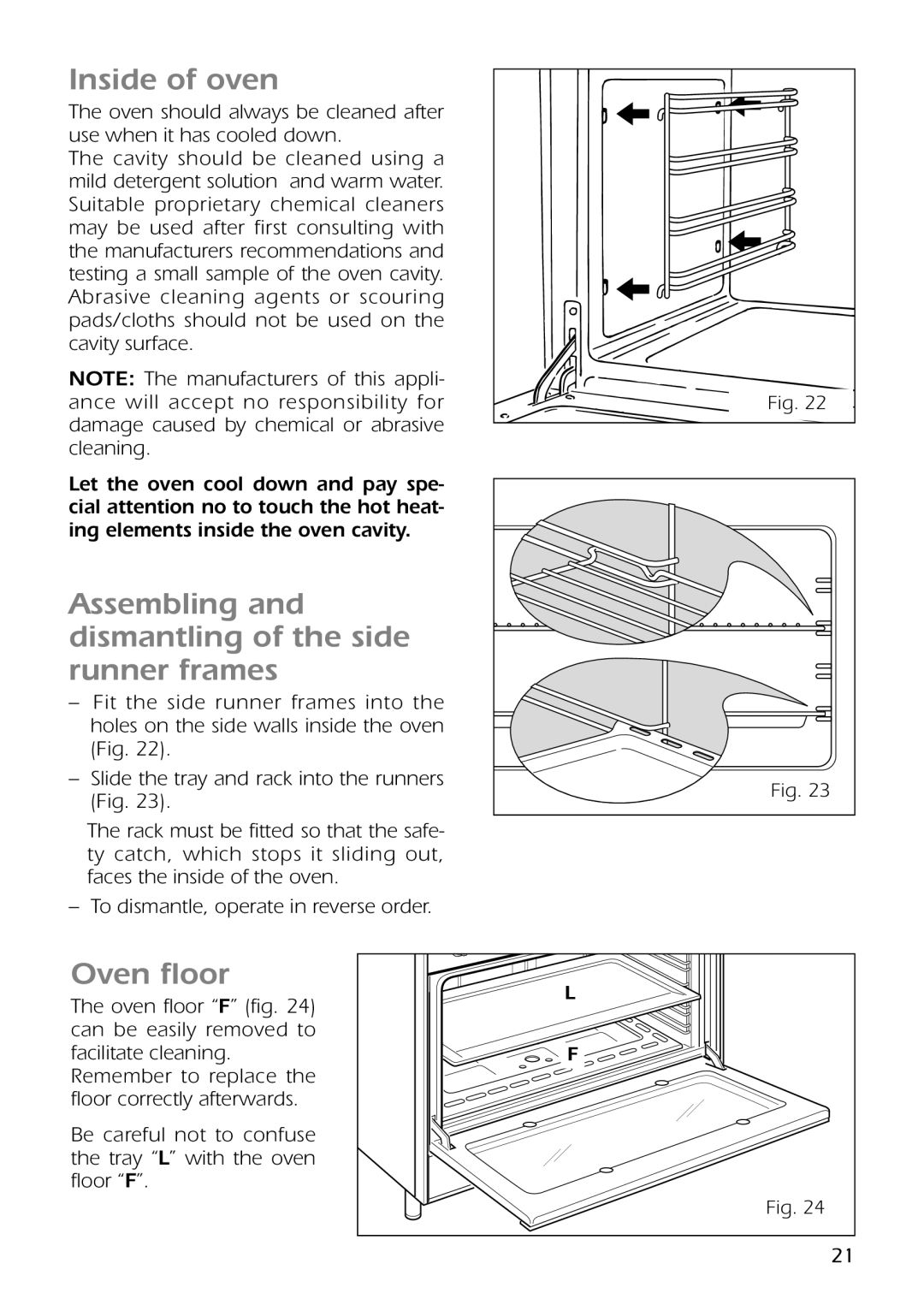 CDA RC9301 manual Inside of oven, Assembling and dismantling of the side runner frames, Oven floor 