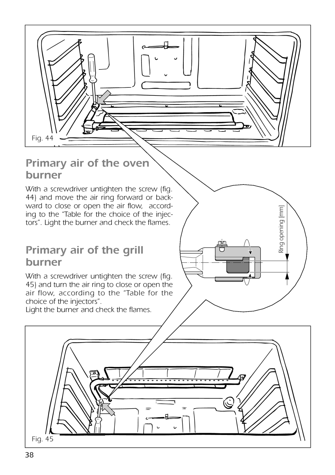 CDA RC9301 manual Primary air of the oven burner, Primary air of the grill burner 