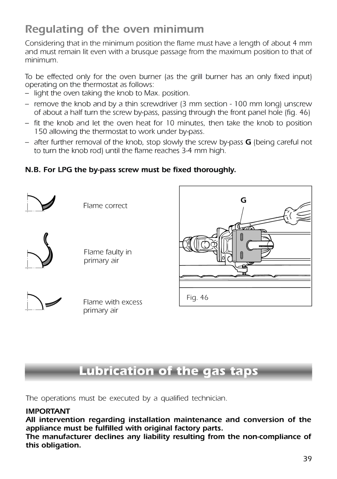 CDA RC9301 manual Lubrication of the gas taps, Regulating of the oven minimum 