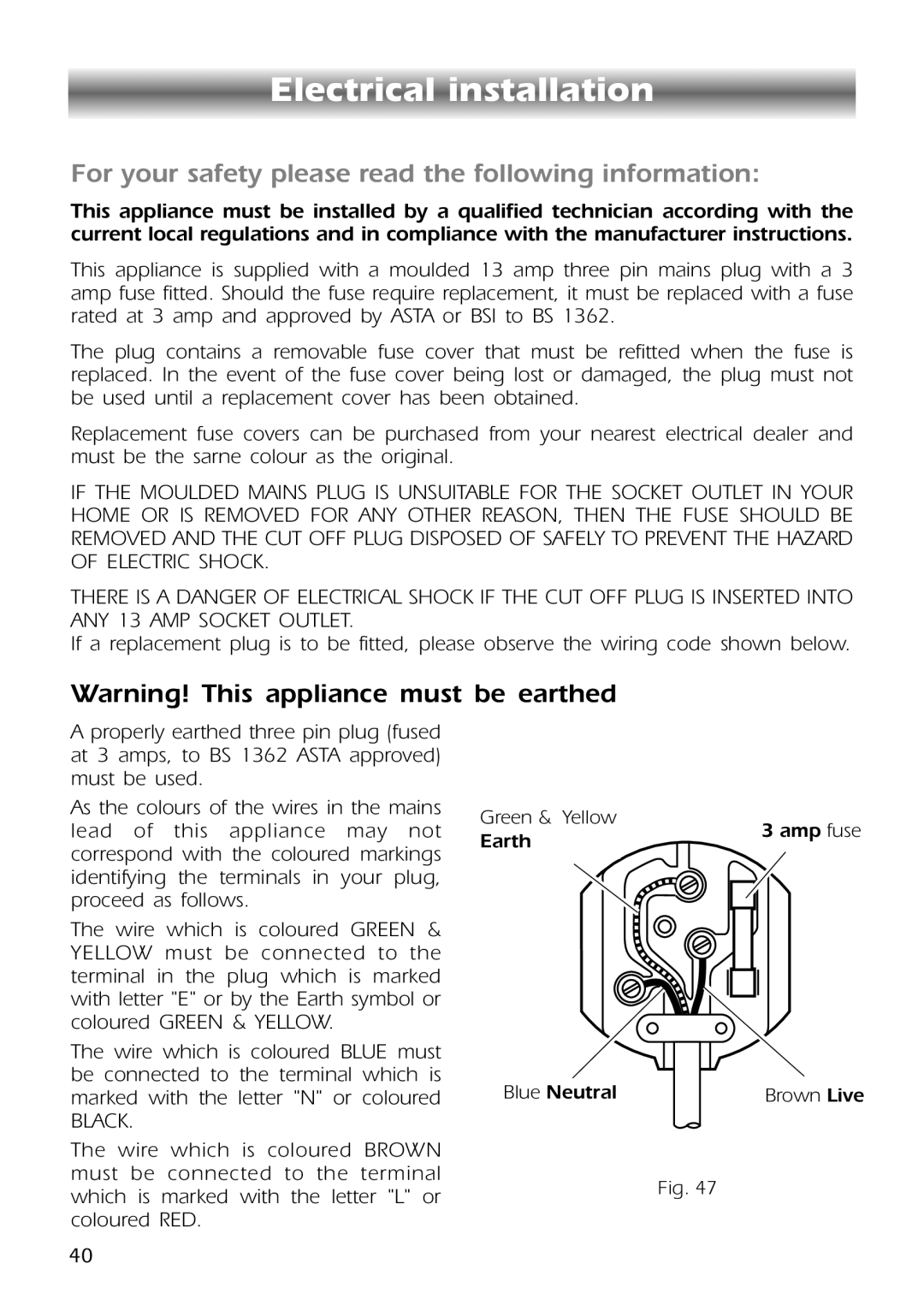 CDA RC9301 manual Electrical installation, For your safety please read the following information 