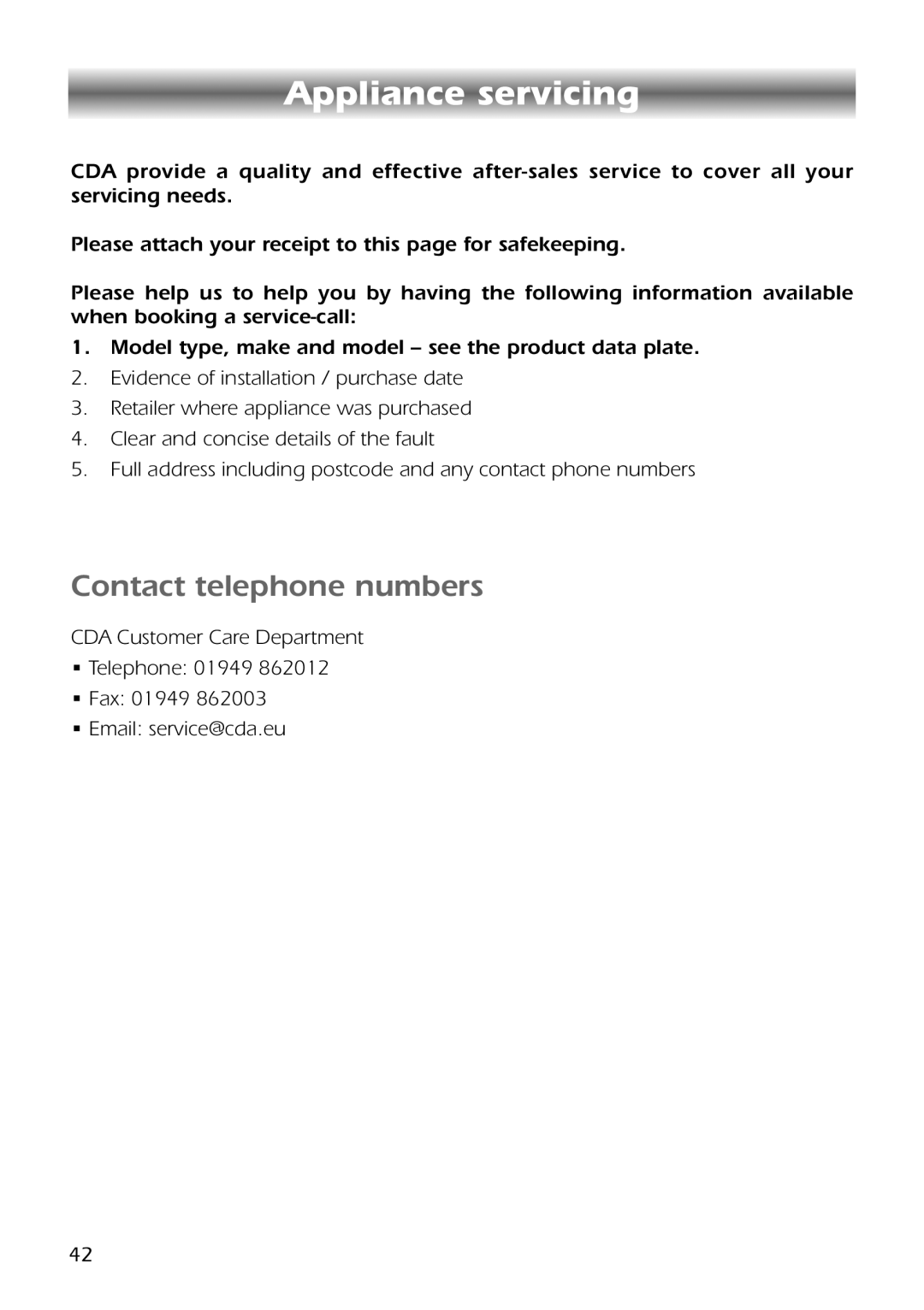 CDA RC9301 manual Appliance servicing 