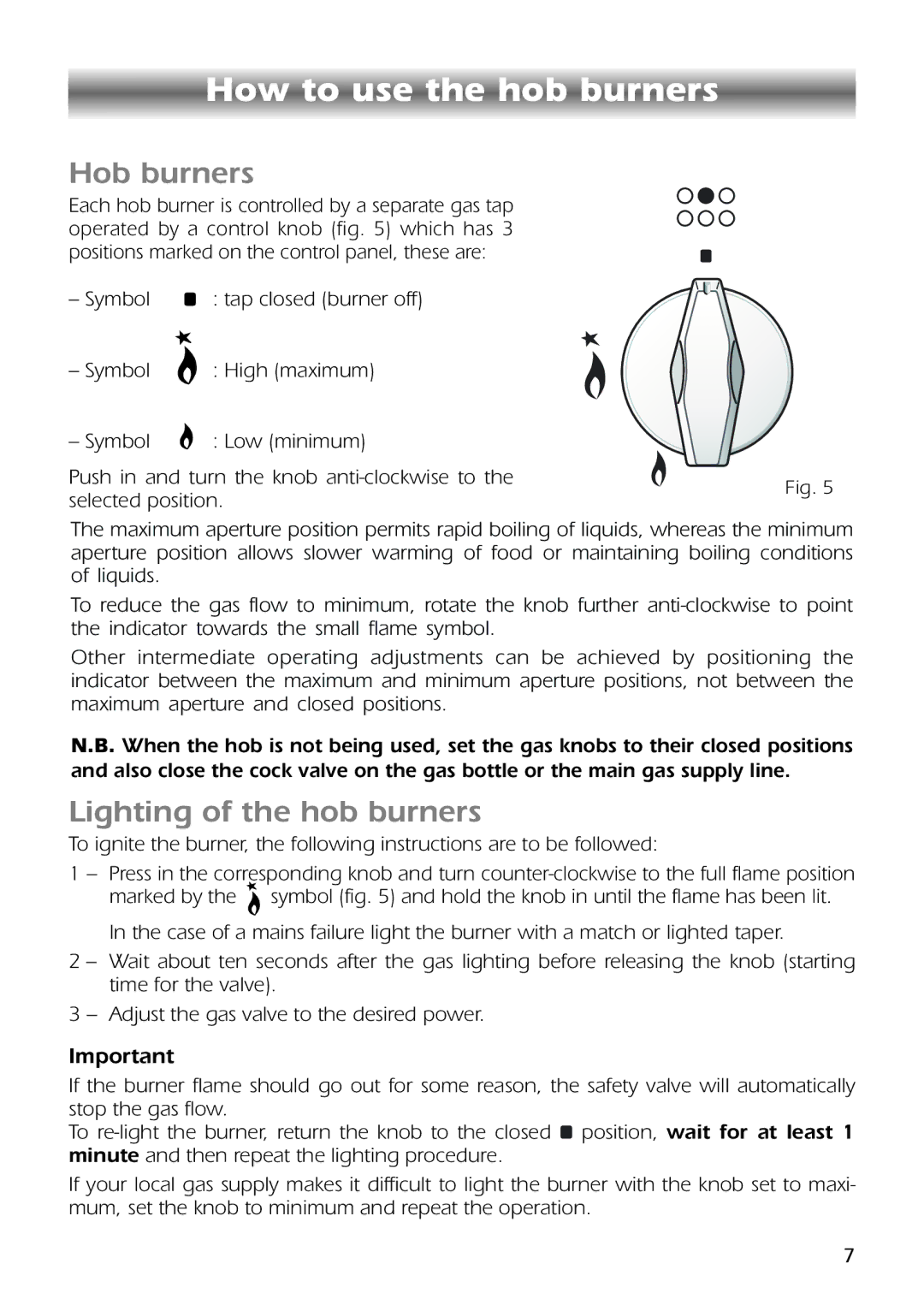 CDA RC9301 manual How to use the hob burners, Hob burners, Lighting of the hob burners 