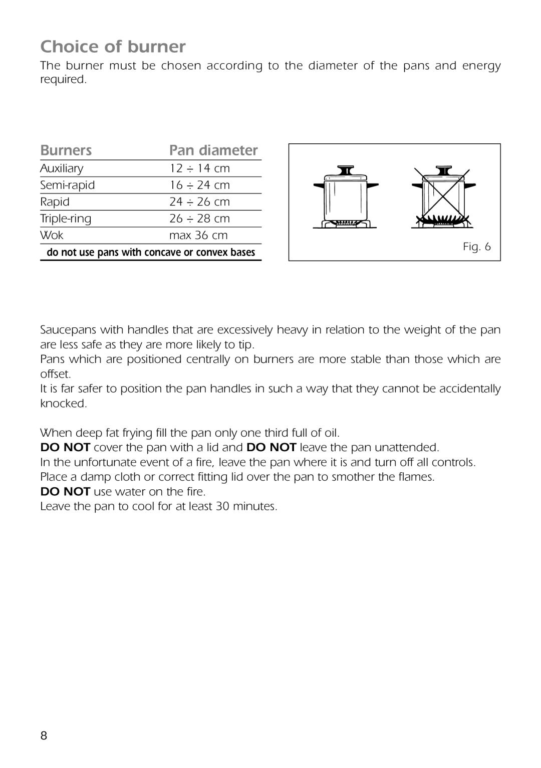 CDA RC9301 manual Choice of burner, Burners Pan diameter 