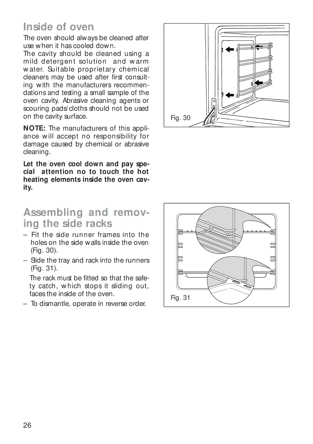 CDA RC9321 manual Inside of oven, Assembling and remov- ing the side racks 