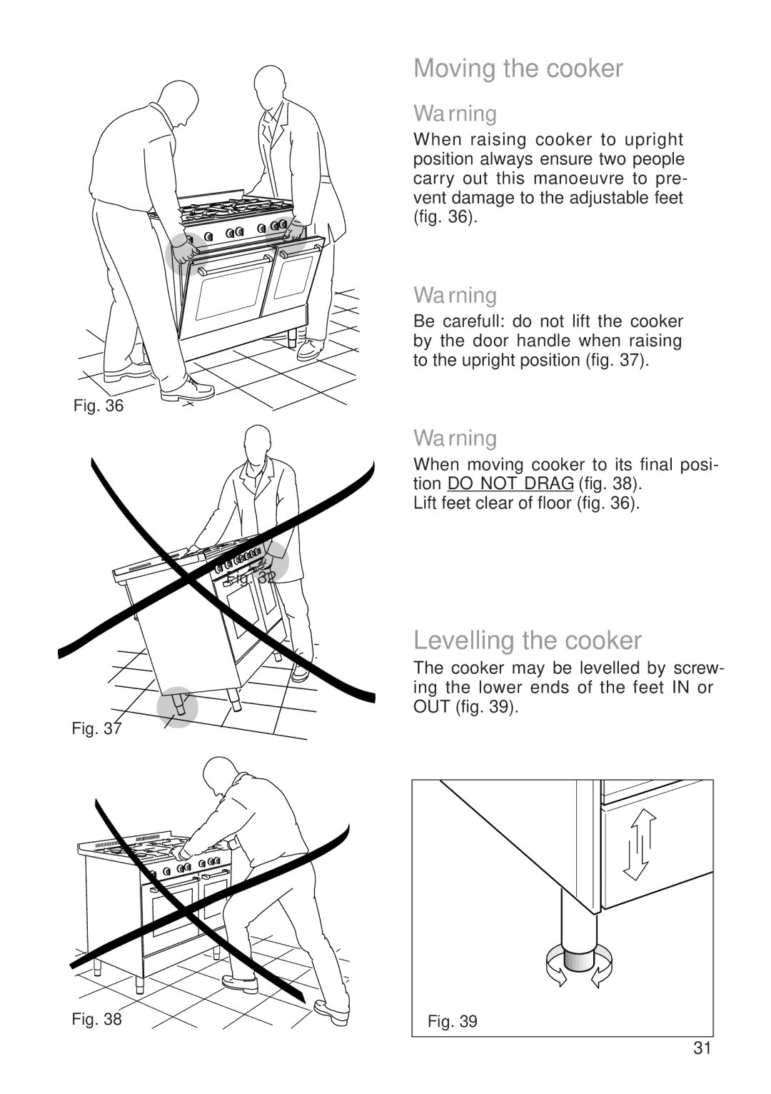 CDA RC9321 manual Moving the cooker, Levelling the cooker 