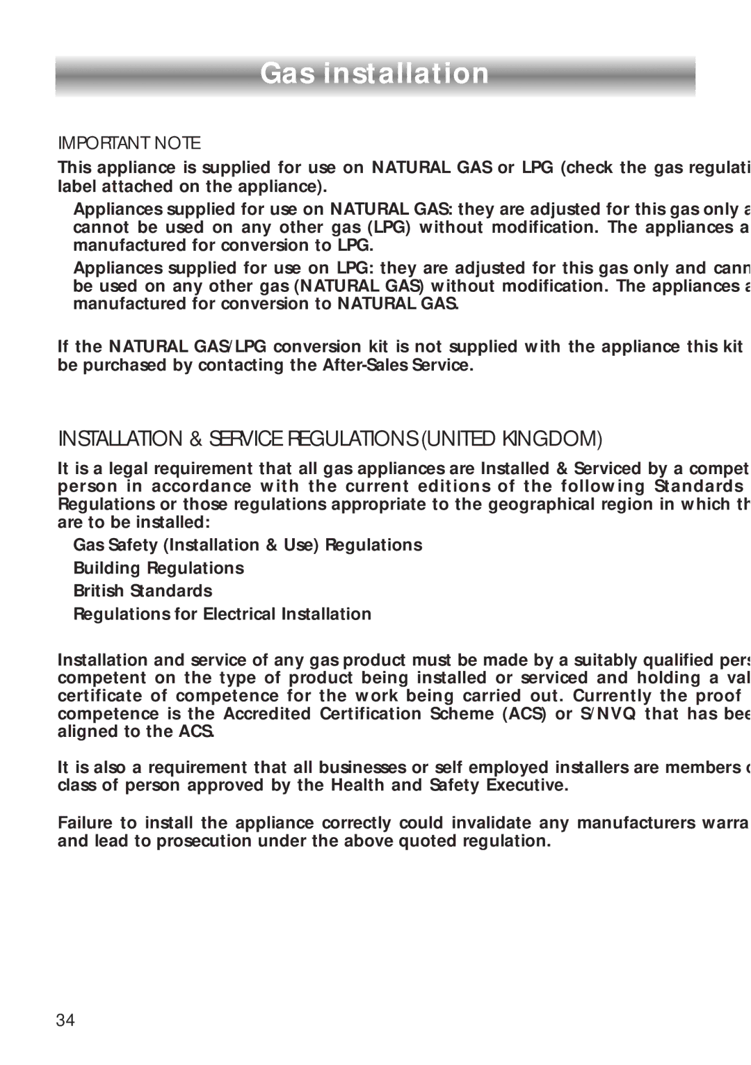 CDA RC9321 manual Gas installation, Important Note 