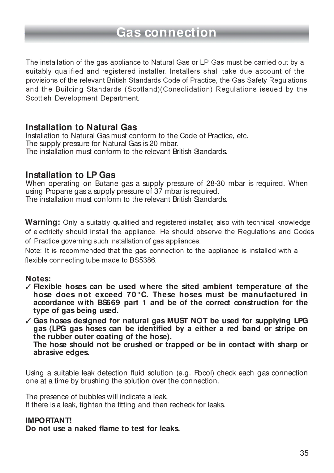 CDA RC9321 manual Gas connection, Installation to Natural Gas 