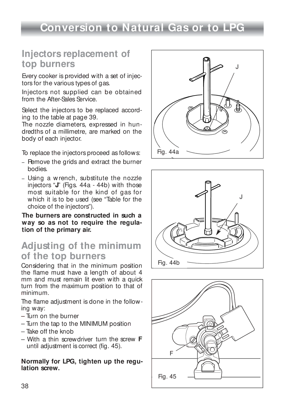 CDA RC9321 manual Conversion to Natural Gas or to LPG, Injectors replacement of top burners 