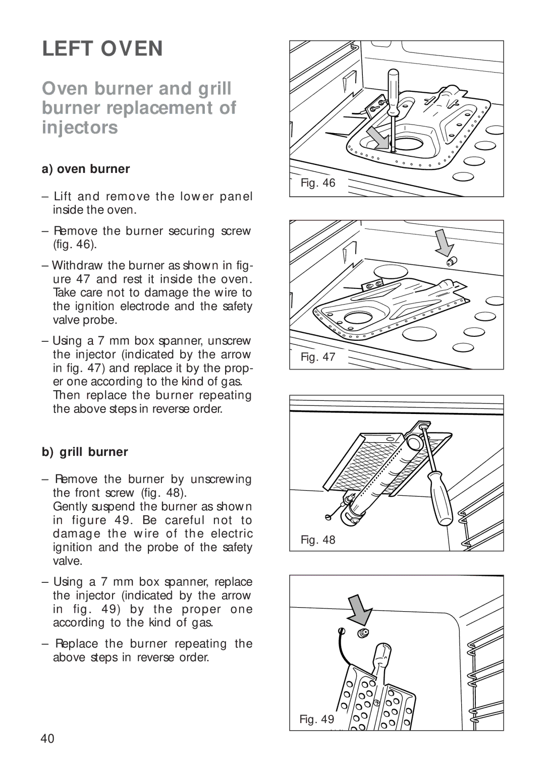 CDA RC9321 manual Left Oven, Oven burner and grill burner replacement of injectors 