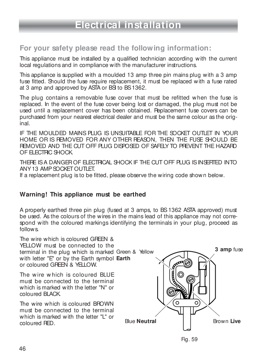 CDA RC9321 manual Electrical installation, For your safety please read the following information 