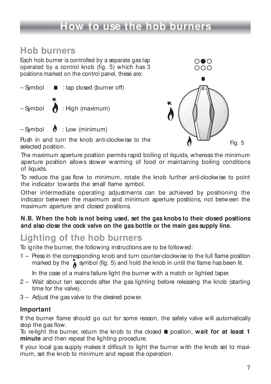 CDA RC9321 manual How to use the hob burners, Hob burners, Lighting of the hob burners 