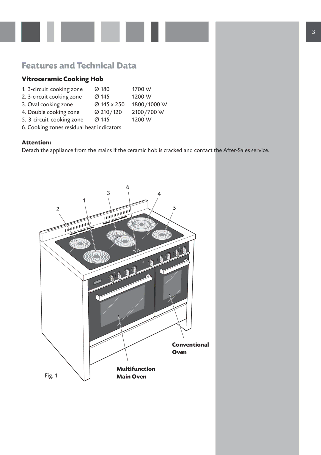 CDA RV 1060 manual Features and Technical Data, Vitroceramic Cooking Hob, Conventional Oven, Main Oven 