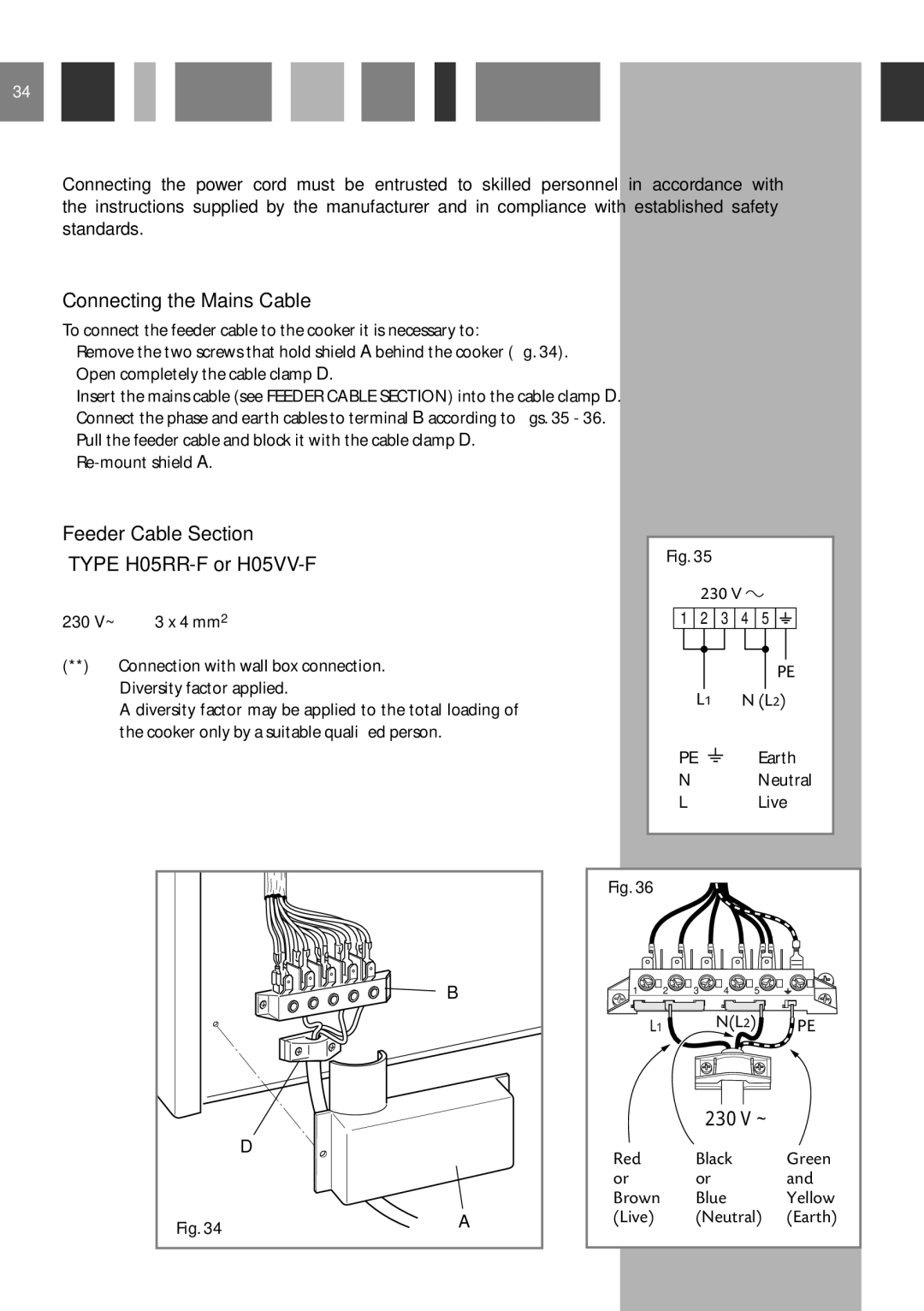 CDA RV 1060 manual Connecting the Mains Cable, Feeder Cable Section Type H05RR-F or H05VV-F 