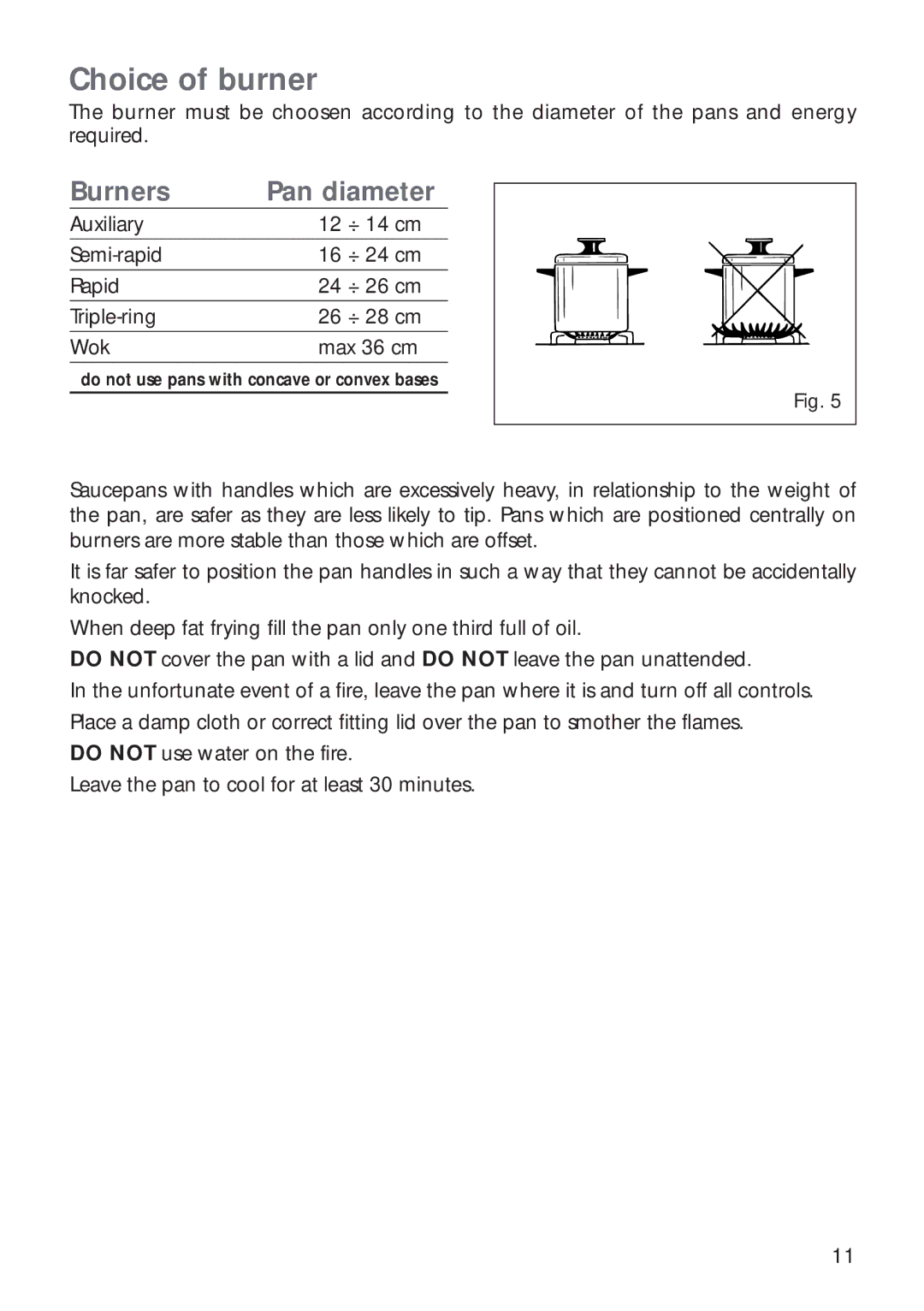 CDA RV 700 installation instructions Choice of burner, Burners Pan diameter 