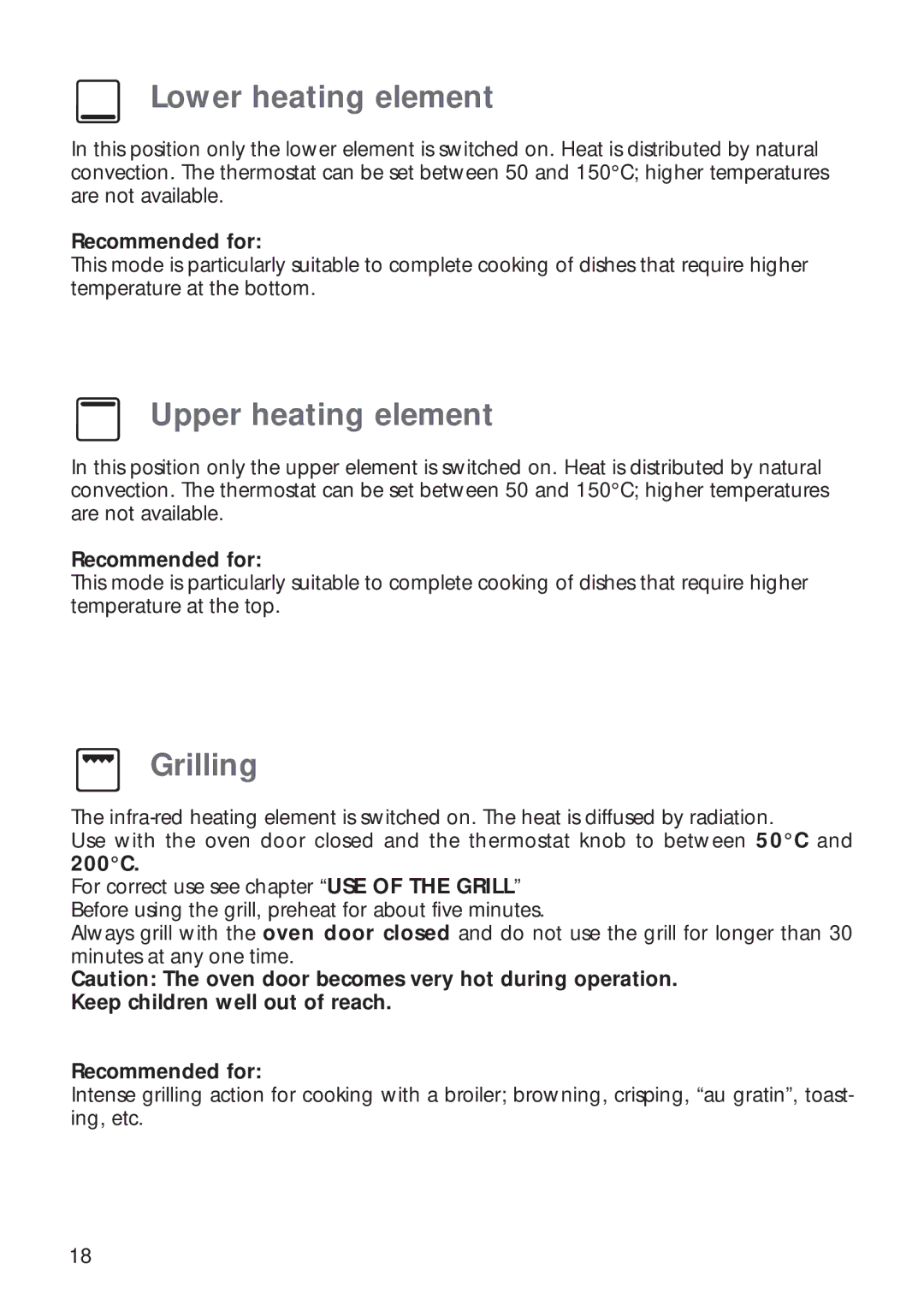 CDA RV 700 installation instructions Lower heating element, Upper heating element, Grilling 