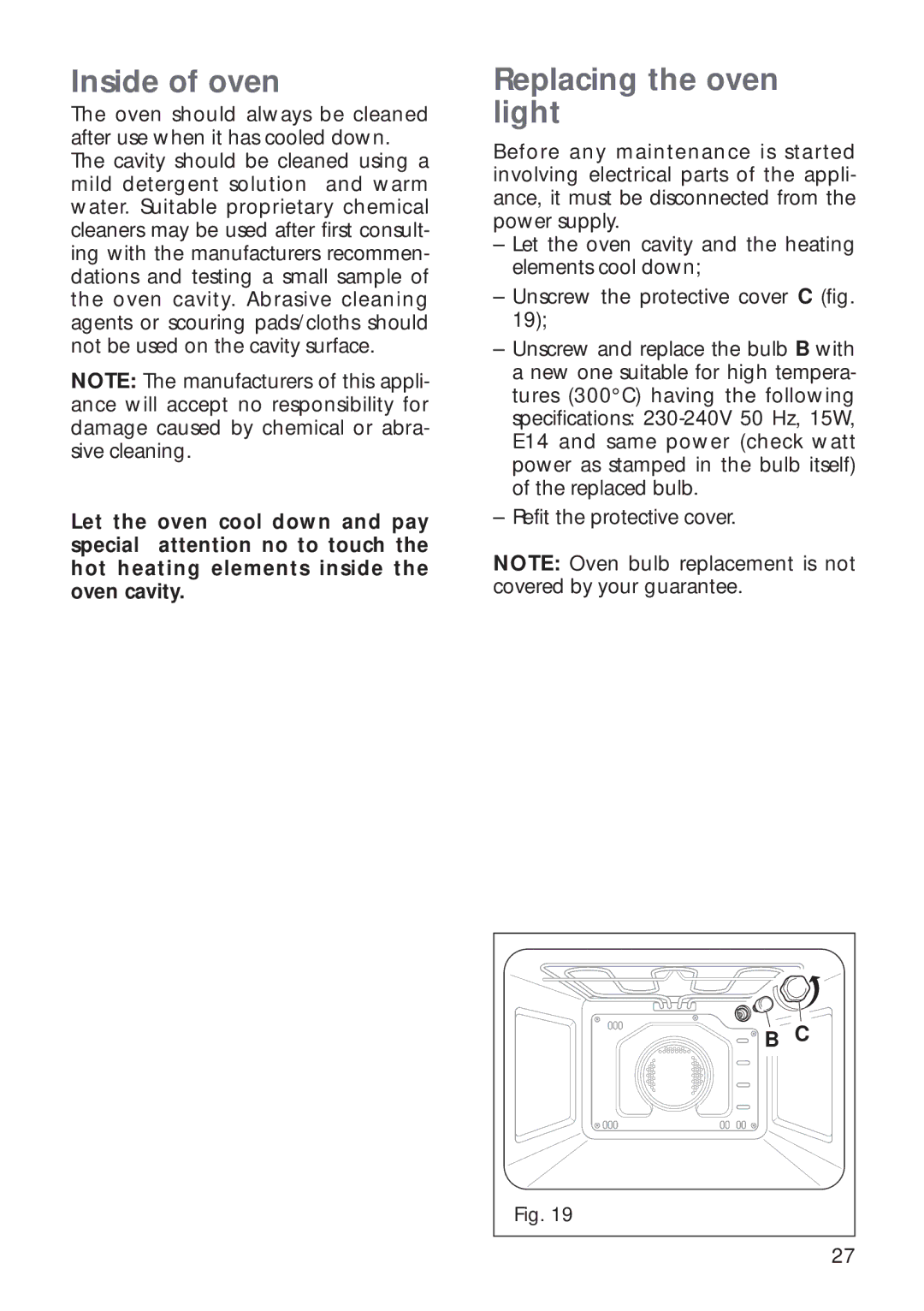 CDA RV 700 installation instructions Inside of oven, Replacing the oven light 