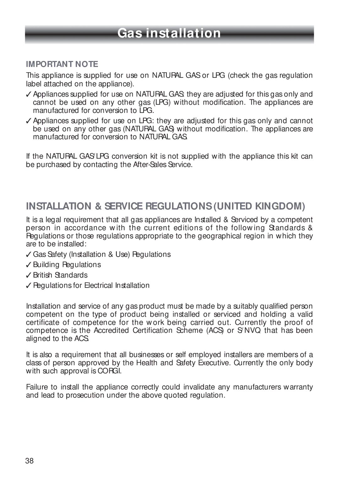 CDA RV 700 installation instructions Gas installation, Important Note 