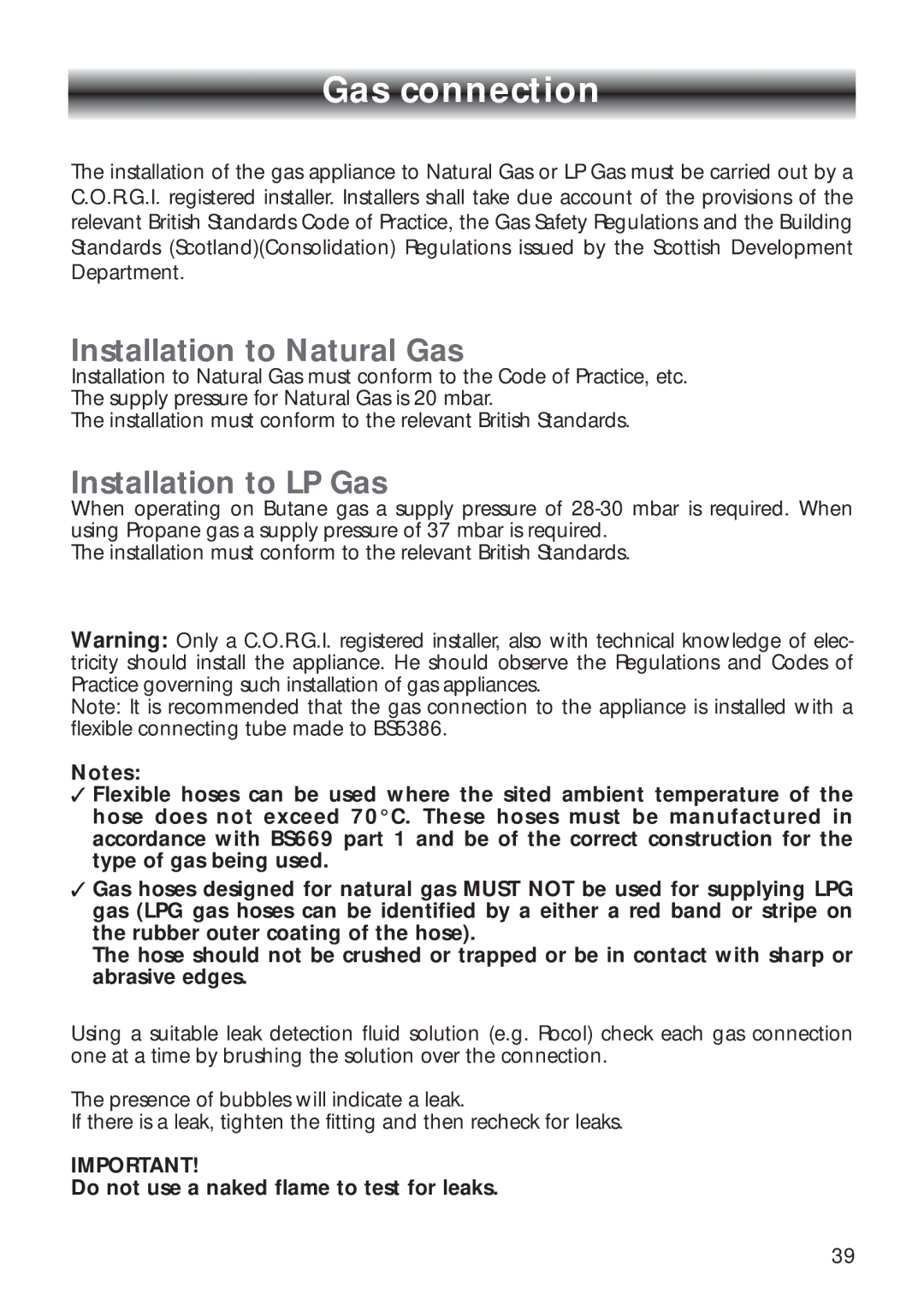 CDA RV 700 installation instructions Gas connection, Installation to Natural Gas, Installation to LP Gas 