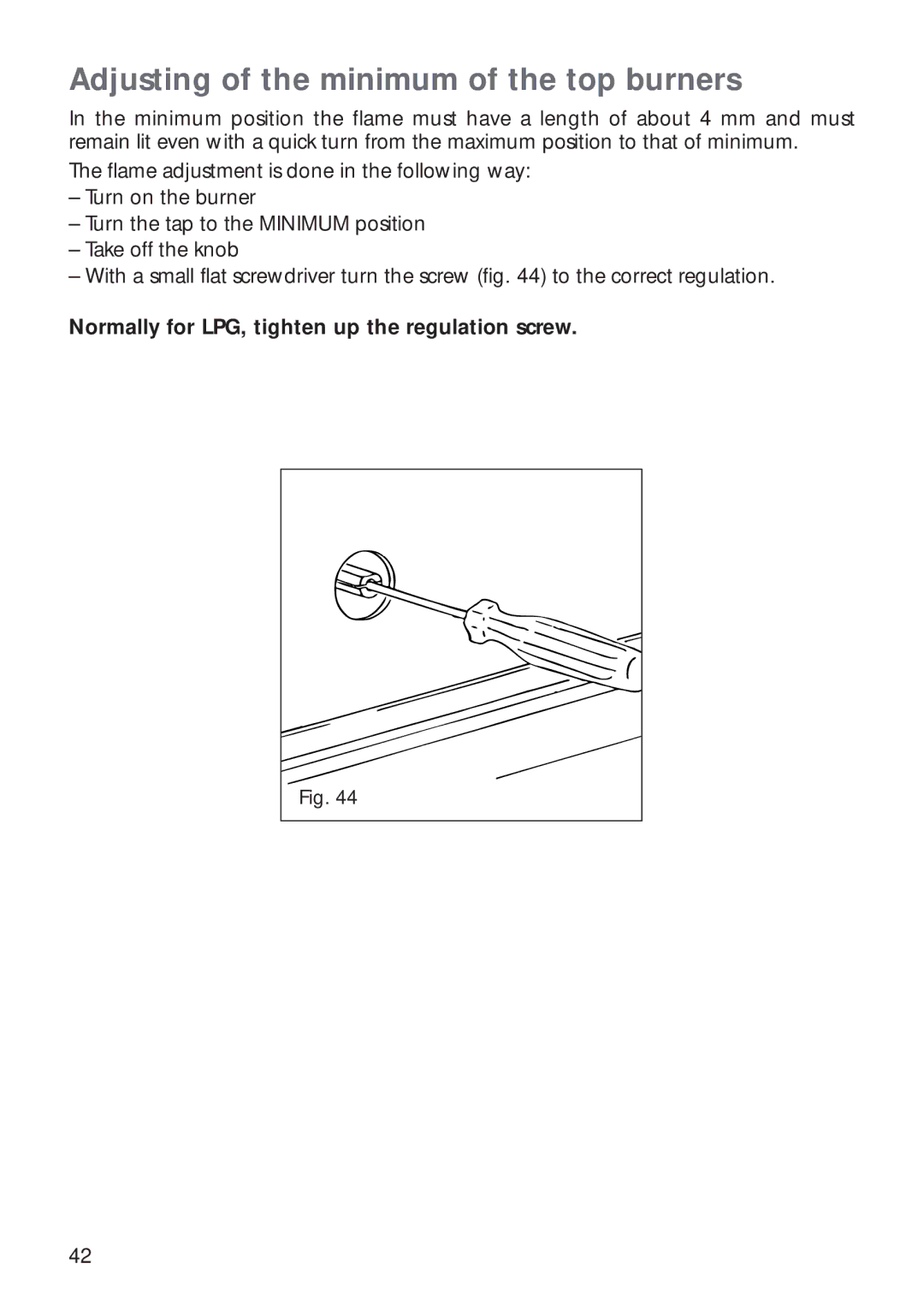 CDA RV 700 installation instructions Adjusting of the minimum of the top burners 