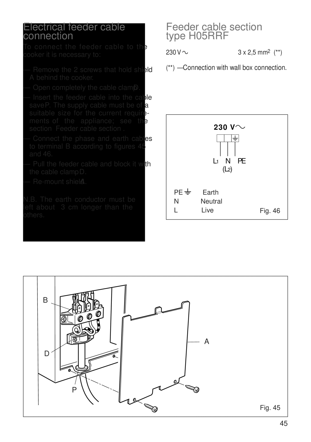 CDA RV 700 installation instructions Electrical feeder cable connection, Feeder cable section type H05RRF 