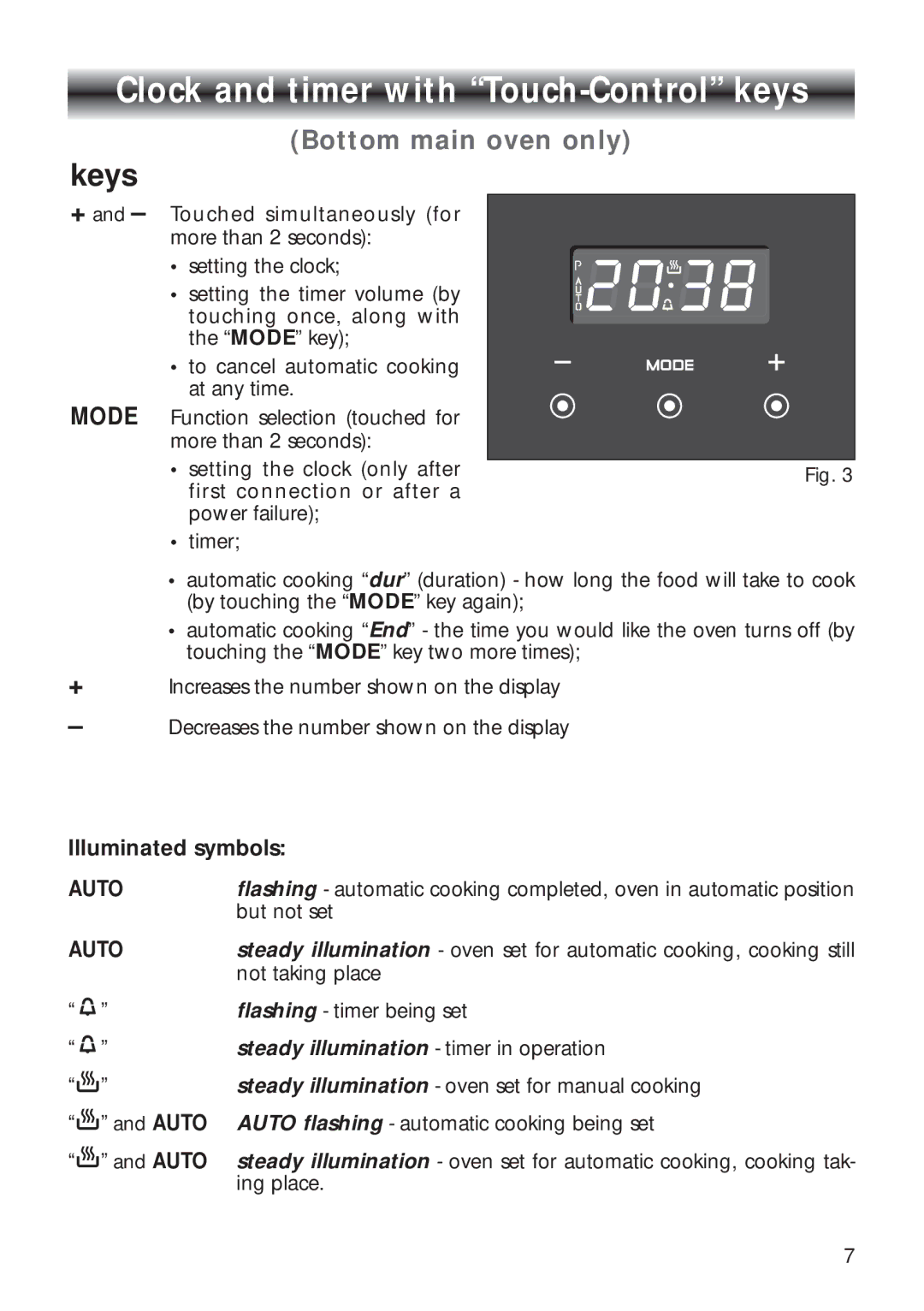 CDA RV 700 installation instructions Clock and timer with Touch-Control keys, Keys 