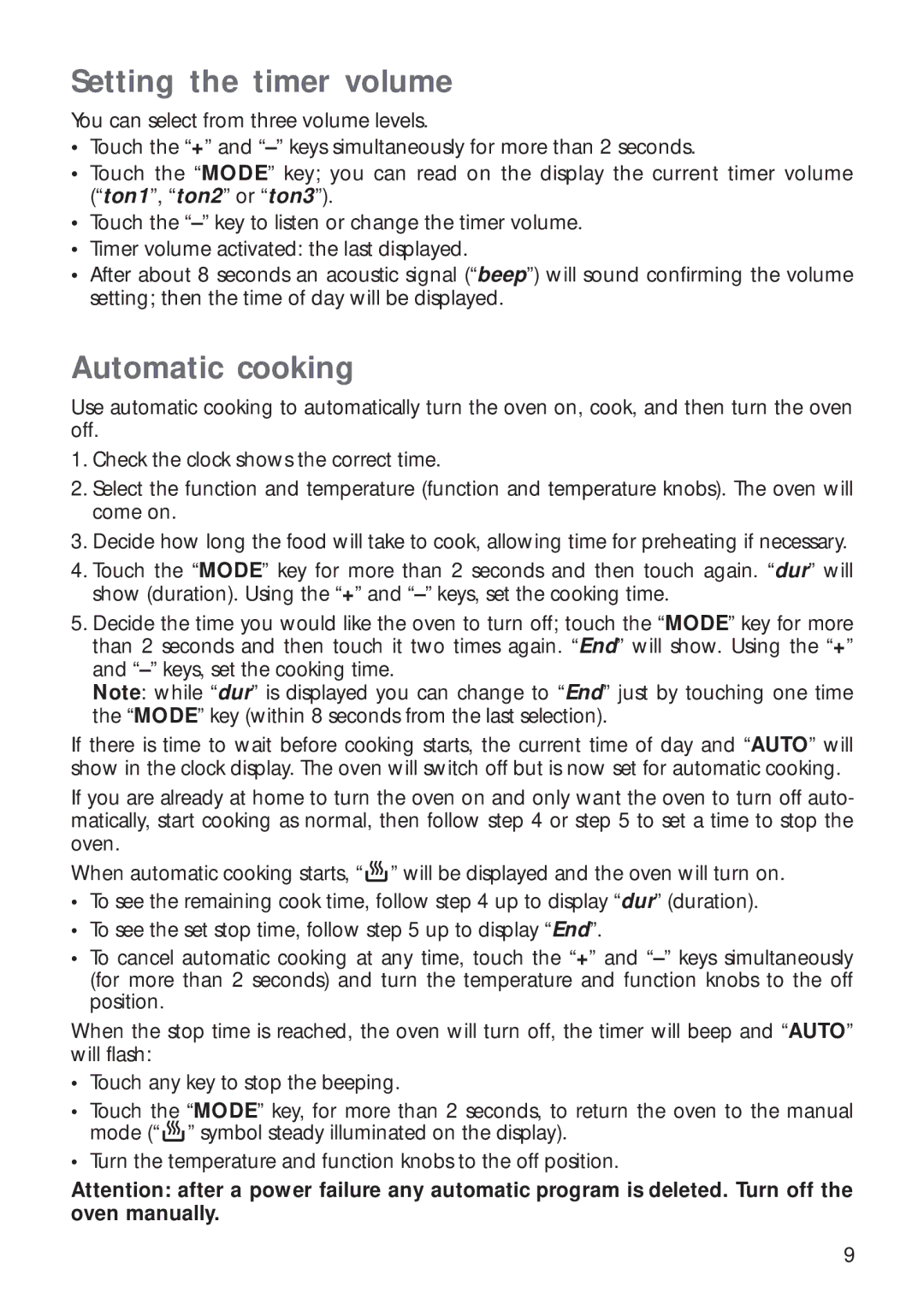 CDA RV 700 installation instructions Setting the timer volume, Automatic cooking 