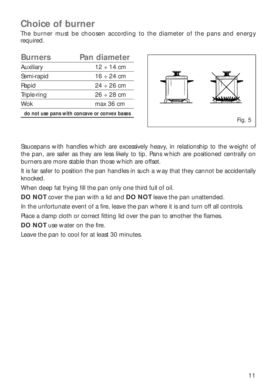 CDA RV 700 installation instructions Choice of burner, Burners, Pan diameter 