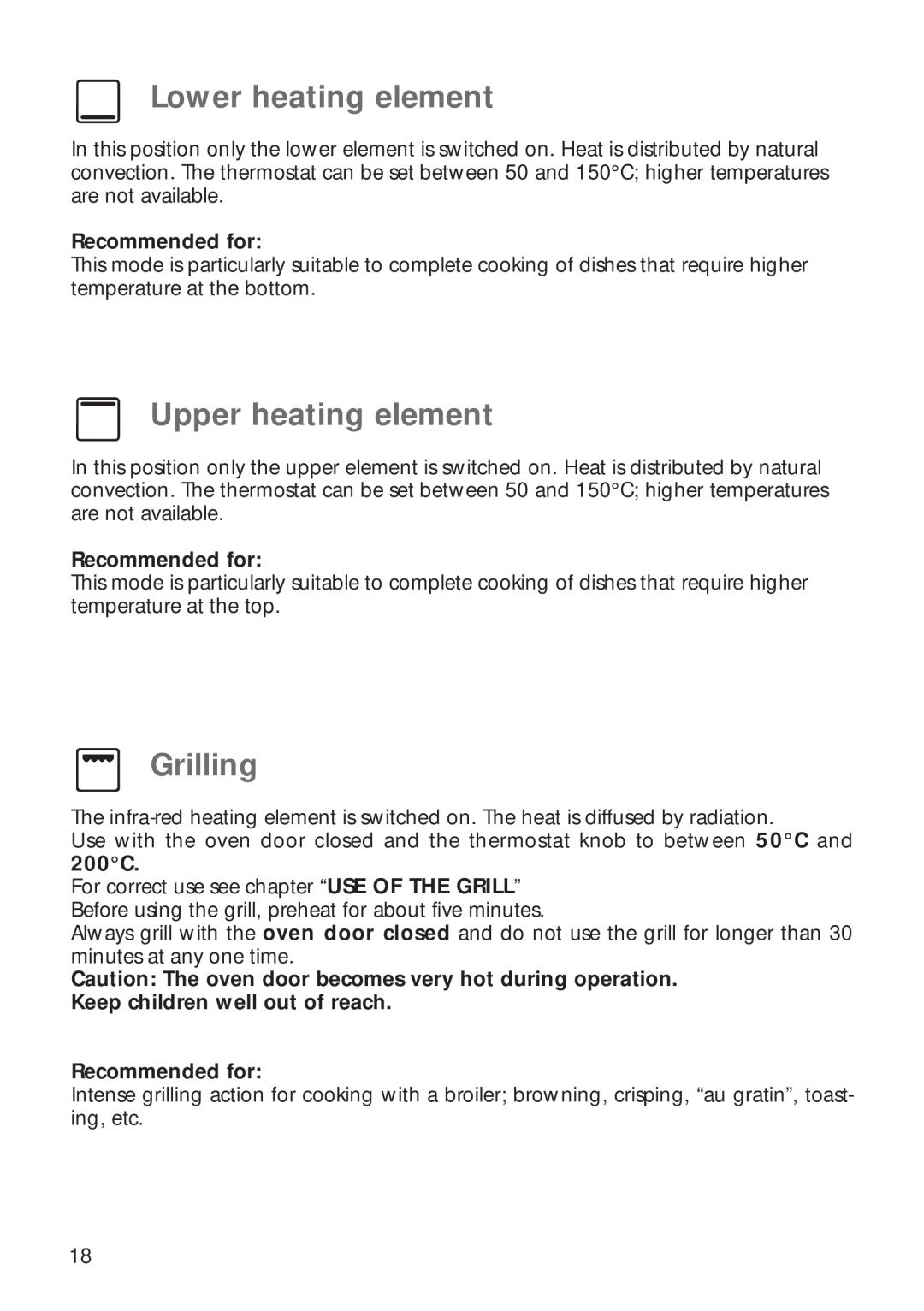 CDA RV 700 installation instructions Lower heating element, Upper heating element, Grilling 