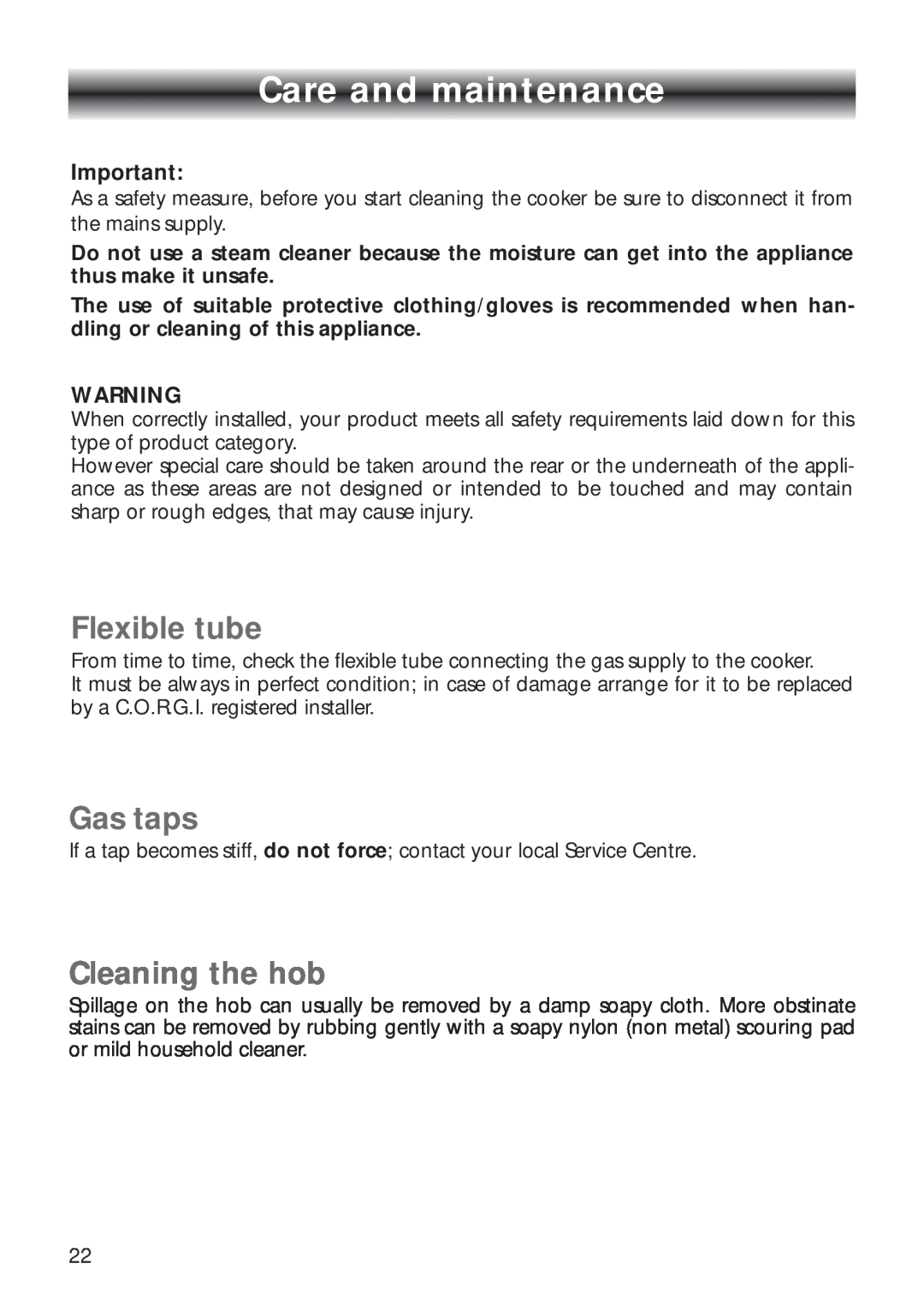 CDA RV 700 installation instructions Care and maintenance, Flexible tube, Gas taps, Cleaning the hob 
