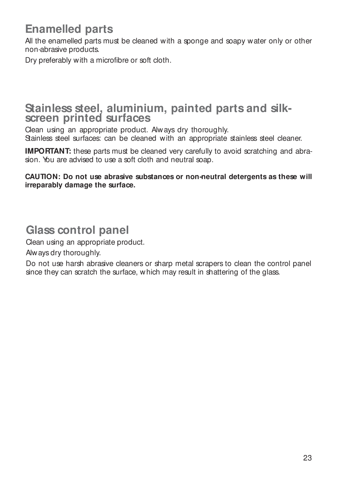 CDA RV 700 installation instructions Enamelled parts, Glass control panel 