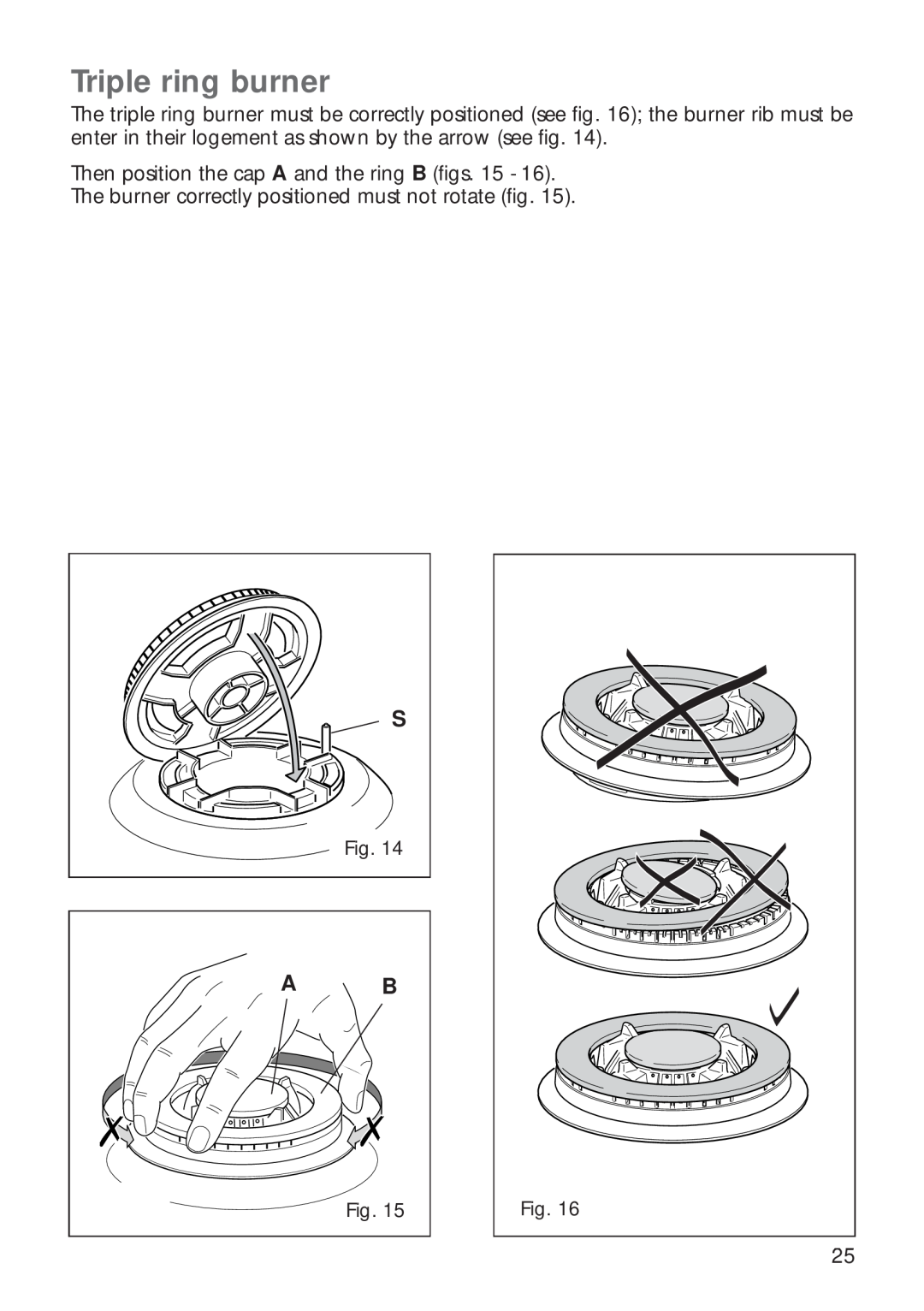 CDA RV 700 installation instructions Triple ring burner, Then position the cap A and the ring B figs 