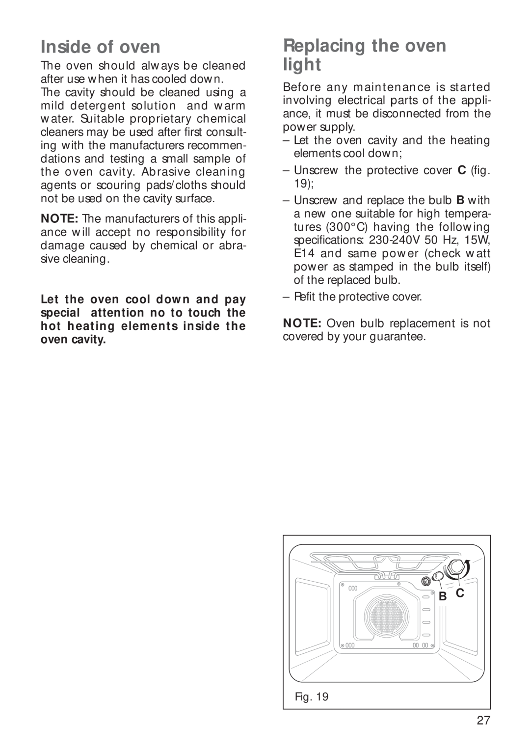 CDA RV 700 installation instructions Inside of oven, Replacing the oven light 