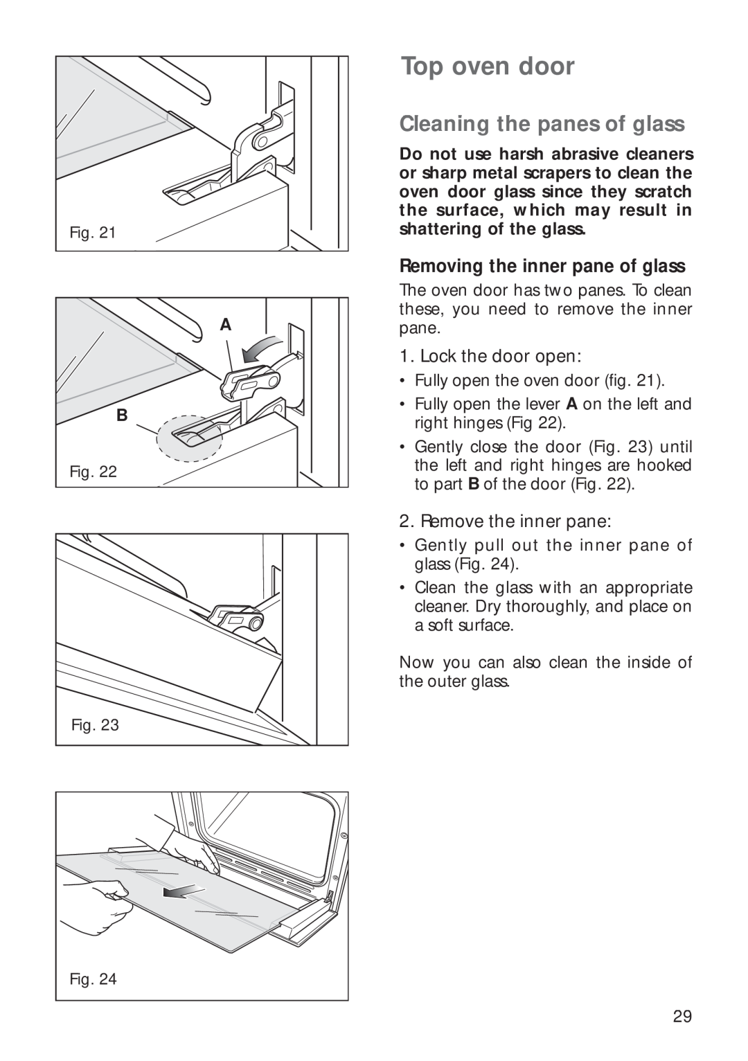 CDA RV 700 installation instructions Cleaning the panes of glass, Removing the inner pane of glass, Top oven door 