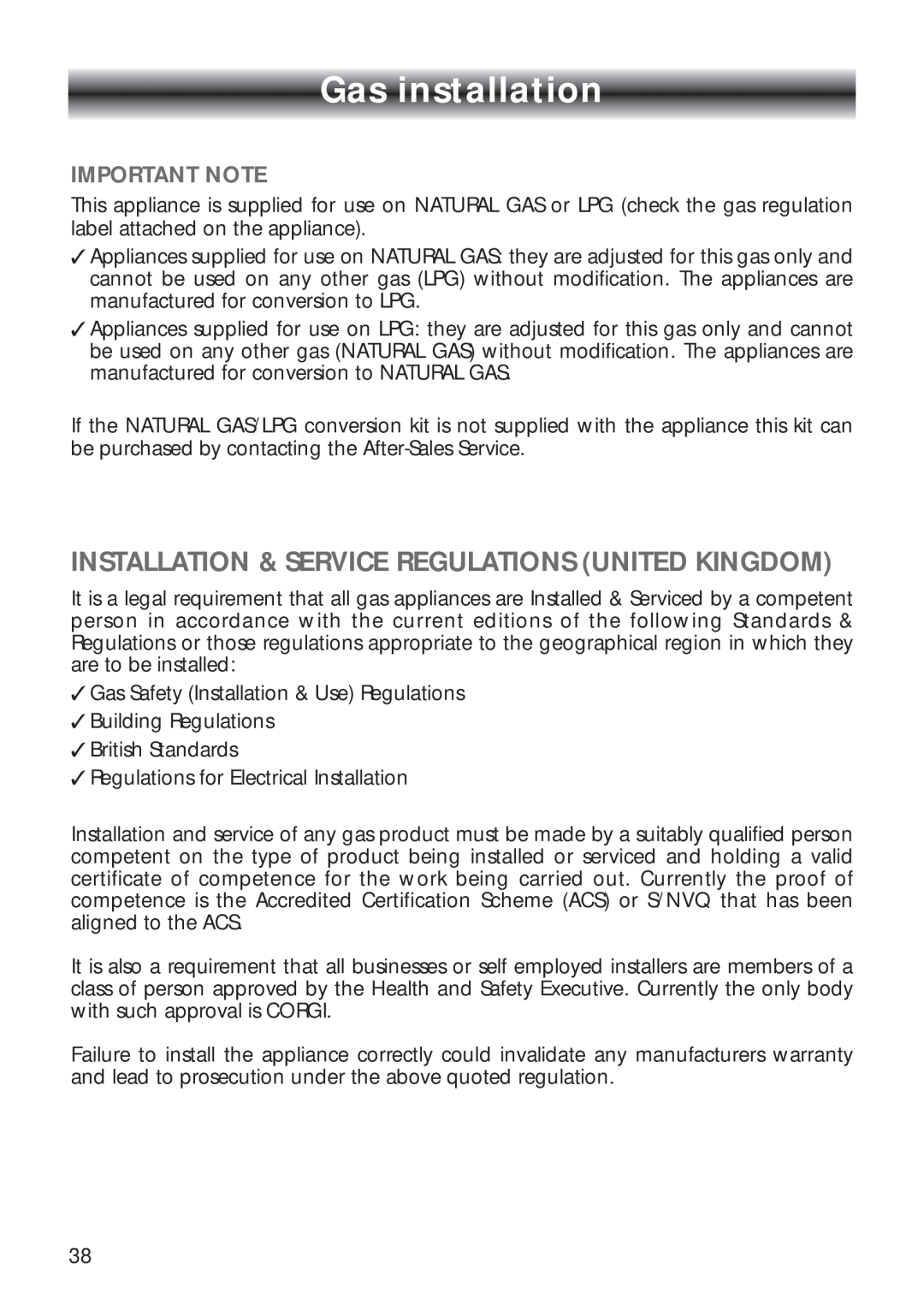CDA RV 700 installation instructions Gas installation, Installation & Service Regulations United Kingdom, Important Note 