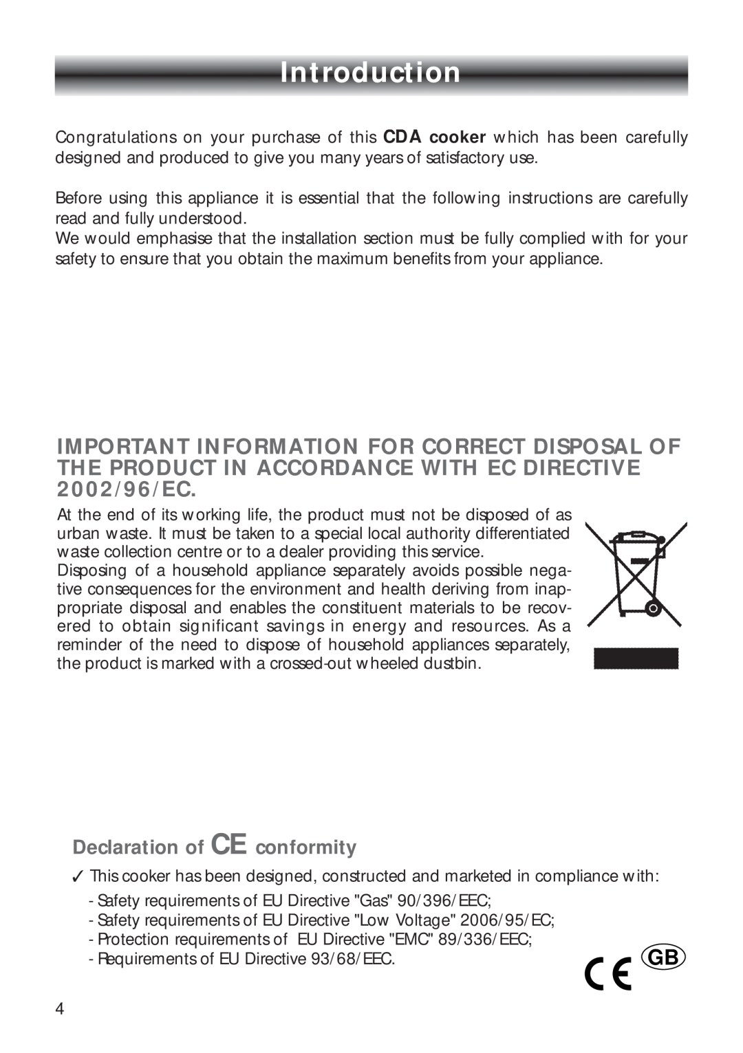 CDA RV 700 installation instructions Introduction, Declaration of CE conformity 
