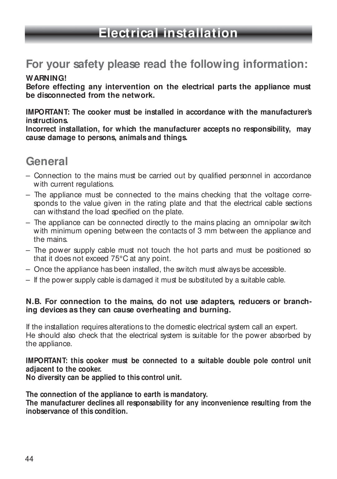 CDA RV 700 Electrical installation, For your safety please read the following information, General 
