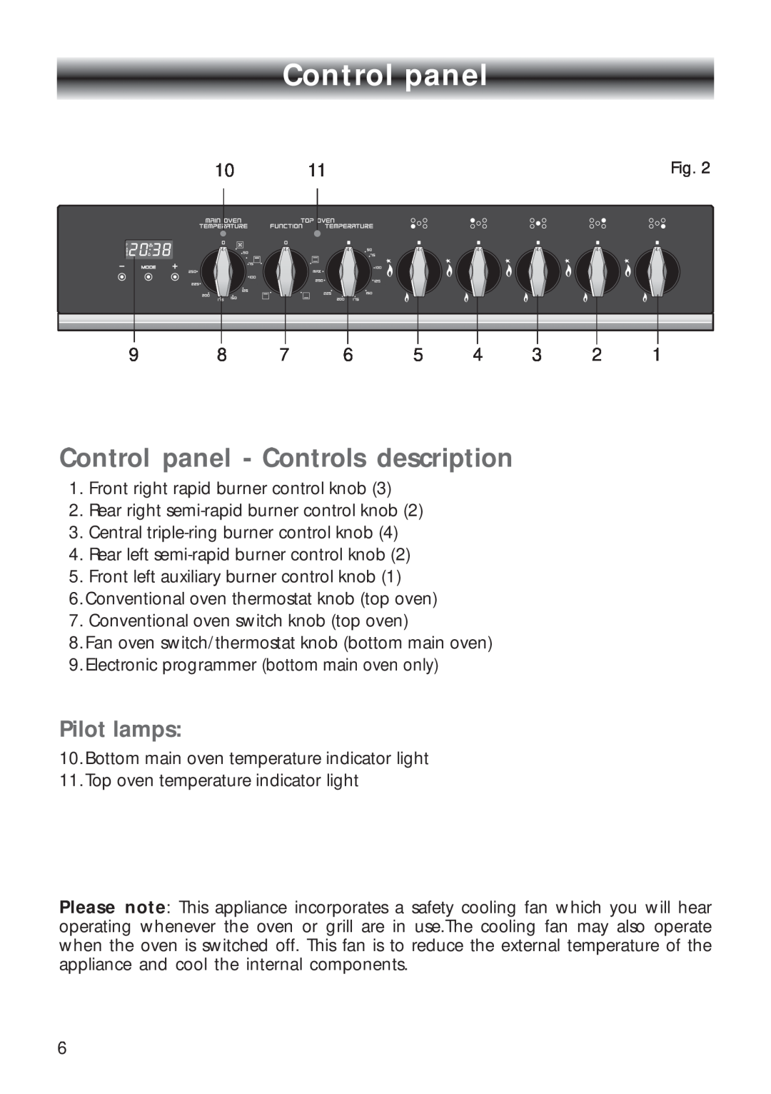 CDA RV 700 installation instructions Control panel - Controls description, Pilot lamps 