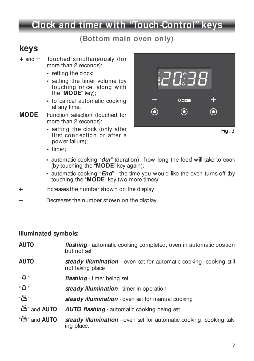 CDA RV 700 installation instructions Clock and timer with “Touch-Control” keys, Bottom main oven only, Mode 