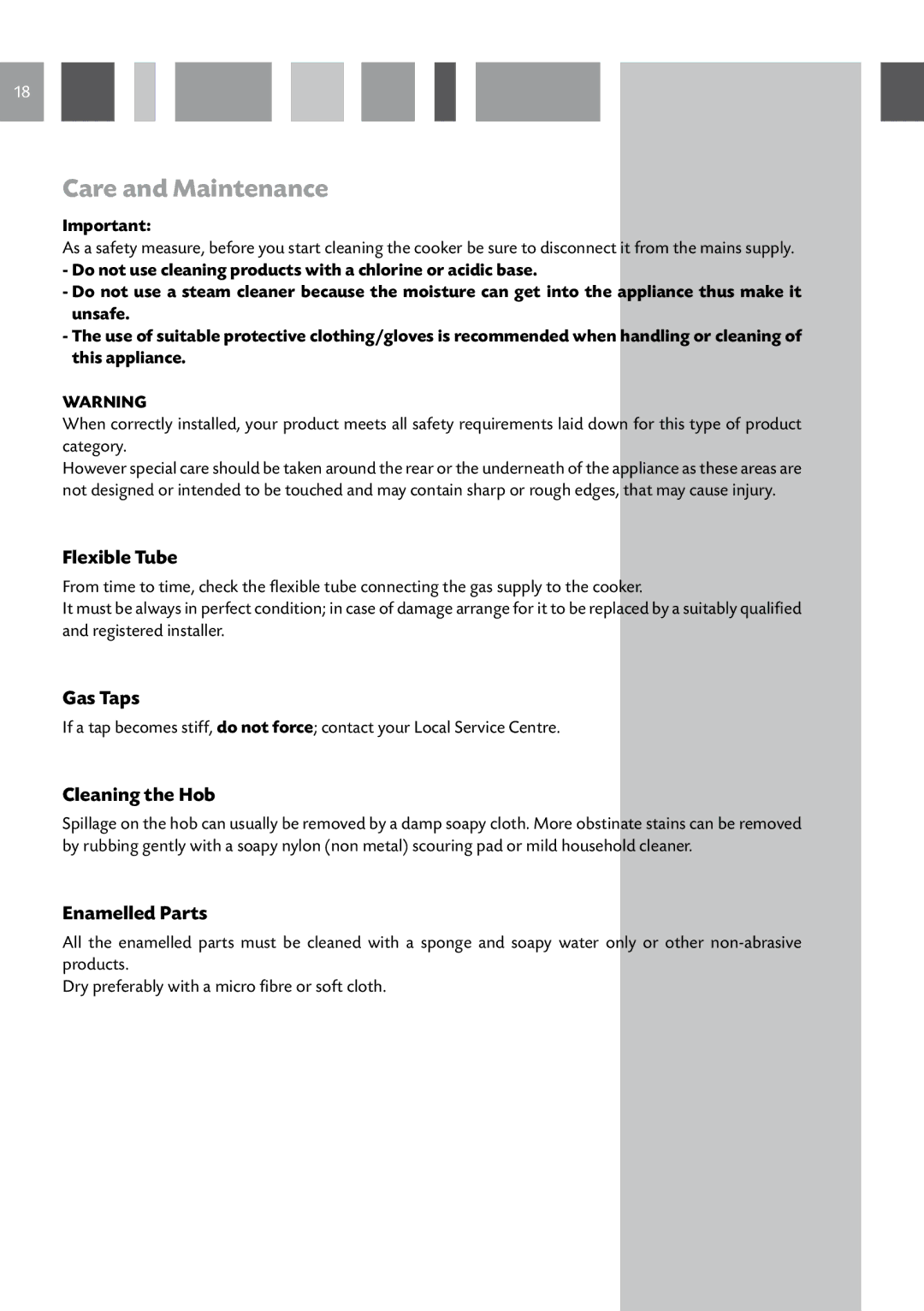 CDA RV 701 SS manual Care and Maintenance, Flexible Tube, Gas Taps, Cleaning the Hob, Enamelled Parts 