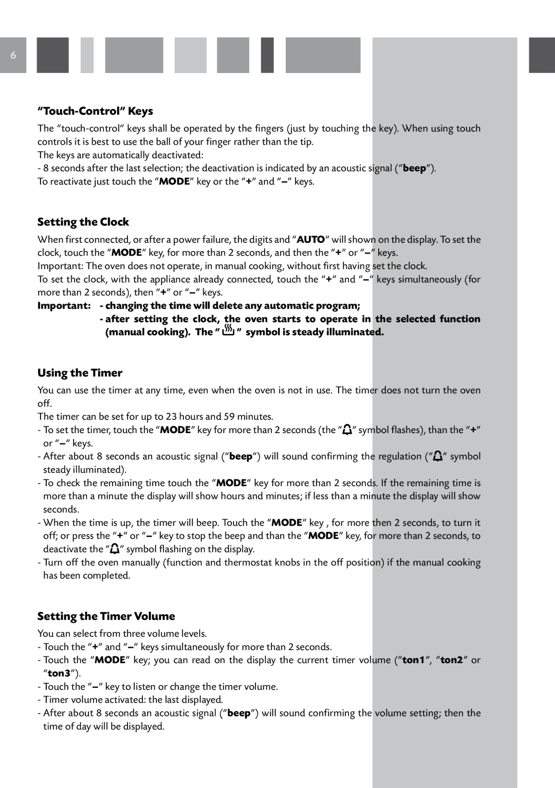 CDA RV 701 SS manual Touch-Control Keys, Setting the Clock, Using the Timer, Setting the Timer Volume 