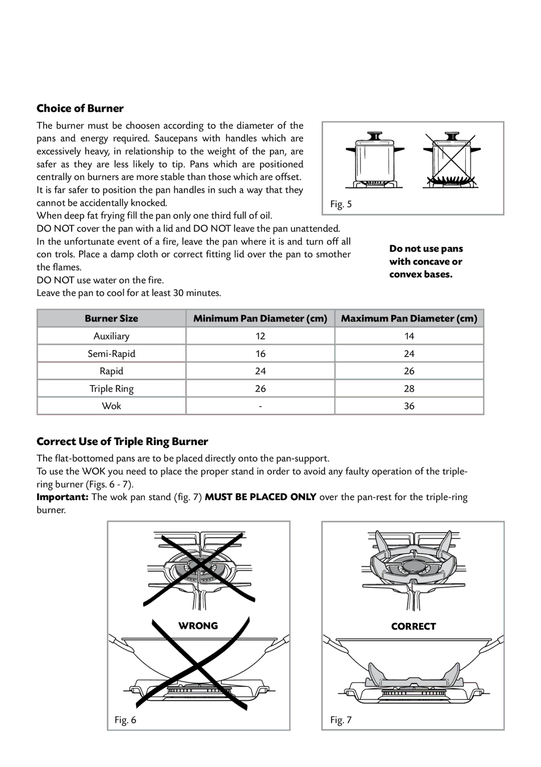 CDA RV 701 SS manual Choice of Burner, Correct Use of Triple Ring Burner, Burner Size 