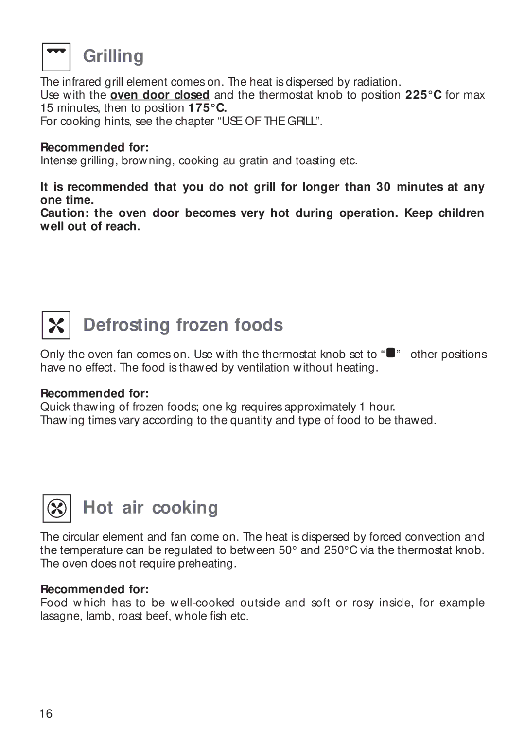 CDA RV 900, RV 1000 manual Grilling, Defrosting frozen foods, Hot air cooking 