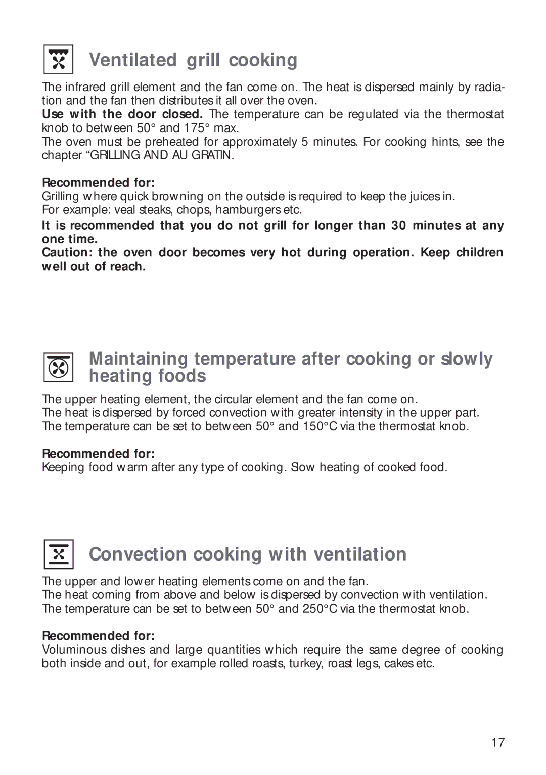 CDA RV 1000, RV 900 manual Ventilated grill cooking, Convection cooking with ventilation 