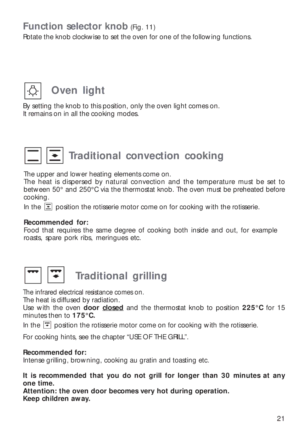 CDA RV 1000, RV 900 manual Oven light, Traditional grilling 