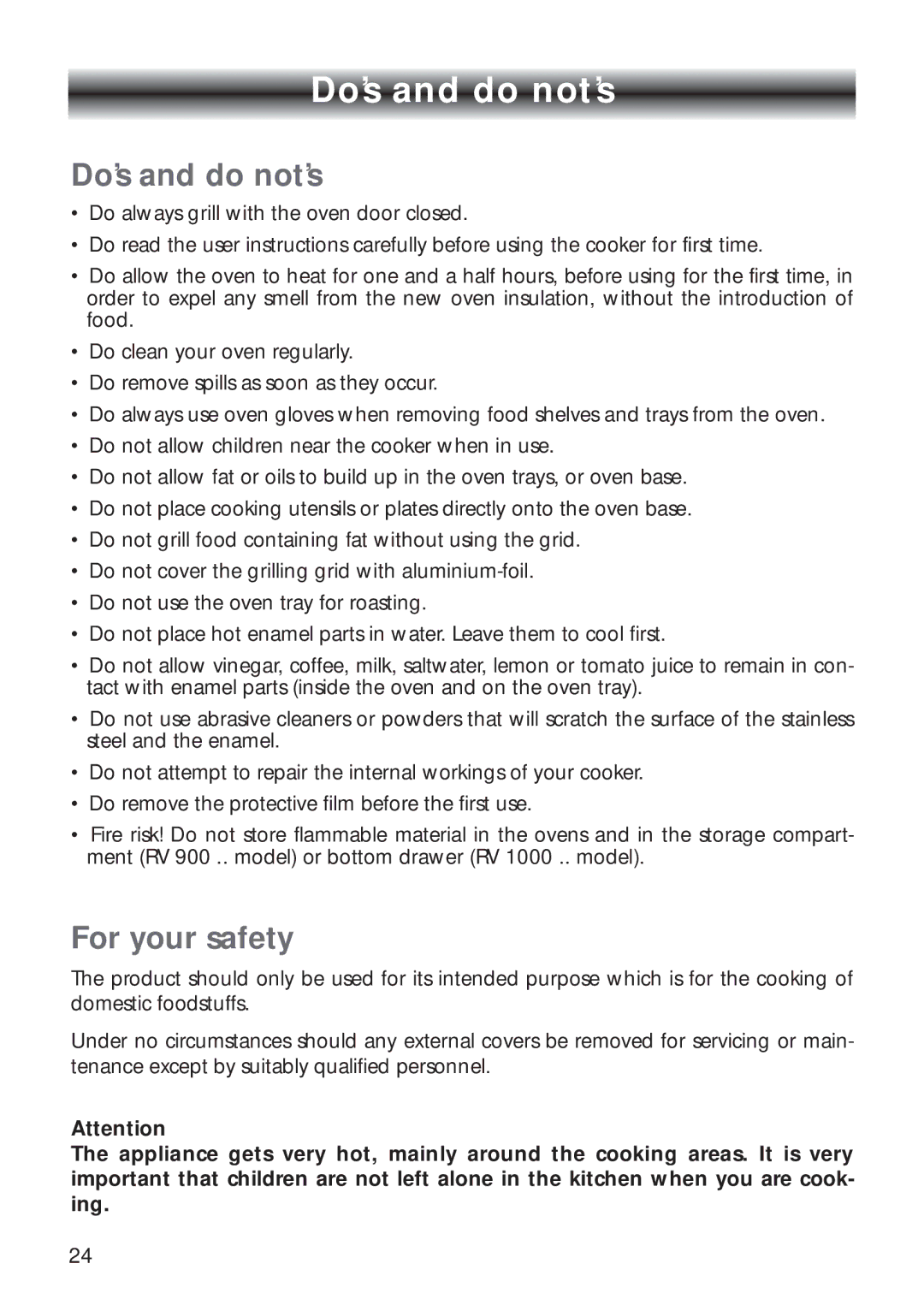 CDA RV 900, RV 1000 manual Do’s and do not’s, For your safety 