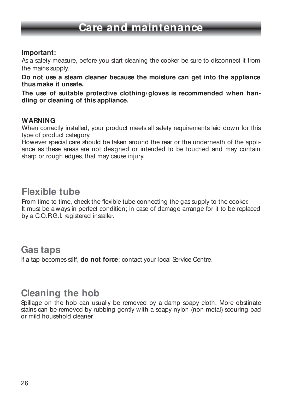 CDA RV 900, RV 1000 manual Care and maintenance, Flexible tube, Gas taps, Cleaning the hob 