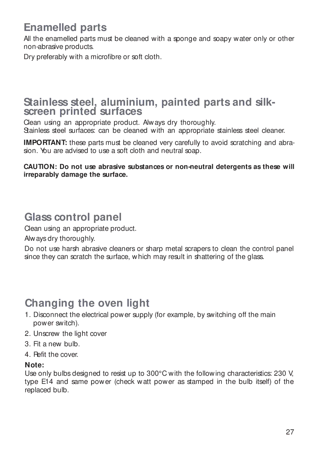 CDA RV 1000, RV 900 manual Enamelled parts, Glass control panel, Changing the oven light 