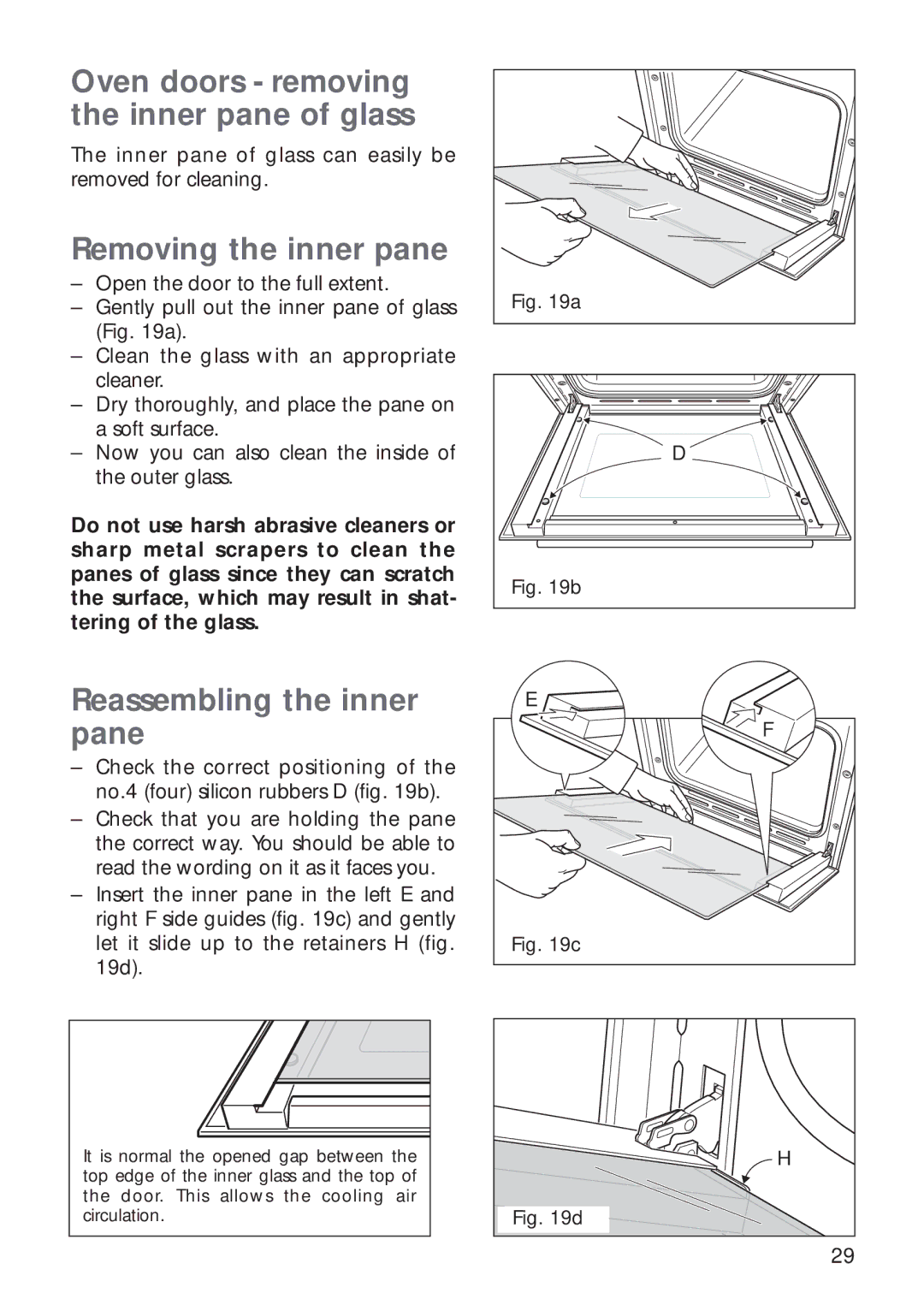 CDA RV 1000, RV 900 manual Oven doors removing the inner pane of glass, Removing the inner pane, Reassembling the inner pane 